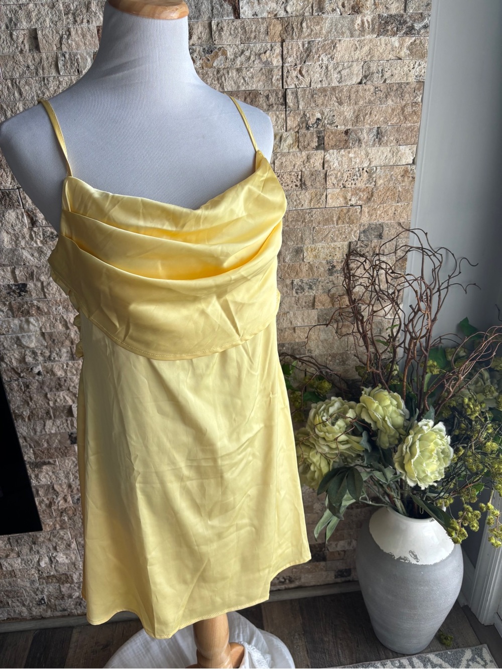 Fashion Nova Pale Yellow Satin Cowl Mini Dress